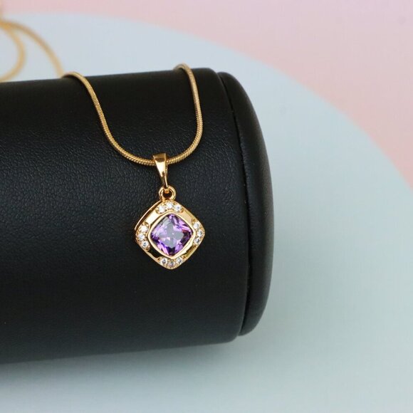 "Purple Cushion Stone Pendant in Gold Plated Brass with Crystal Halo, XPPT1770 - Picture 3 of 13